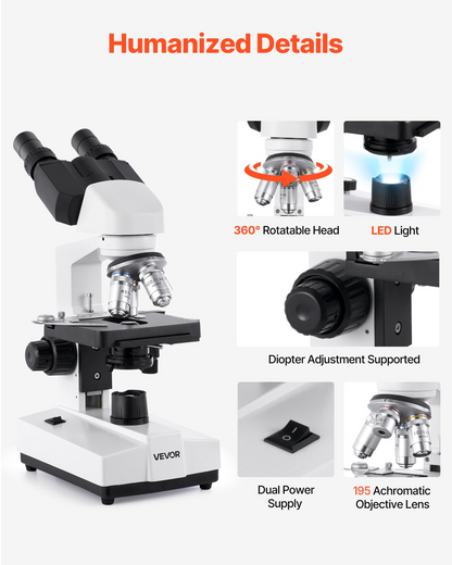 Start2Finish VEVOR binocular compound microscope with 40-5000X magnification, LED light, dual stage, and phone holder for educational use.