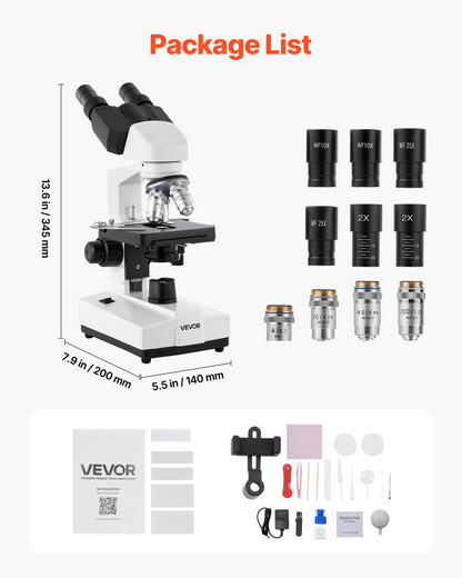 Start2Finish VEVOR binocular microscope with 40-5000X magnification, dual stage, LED light, phone holder, aluminum alloy body, professional.