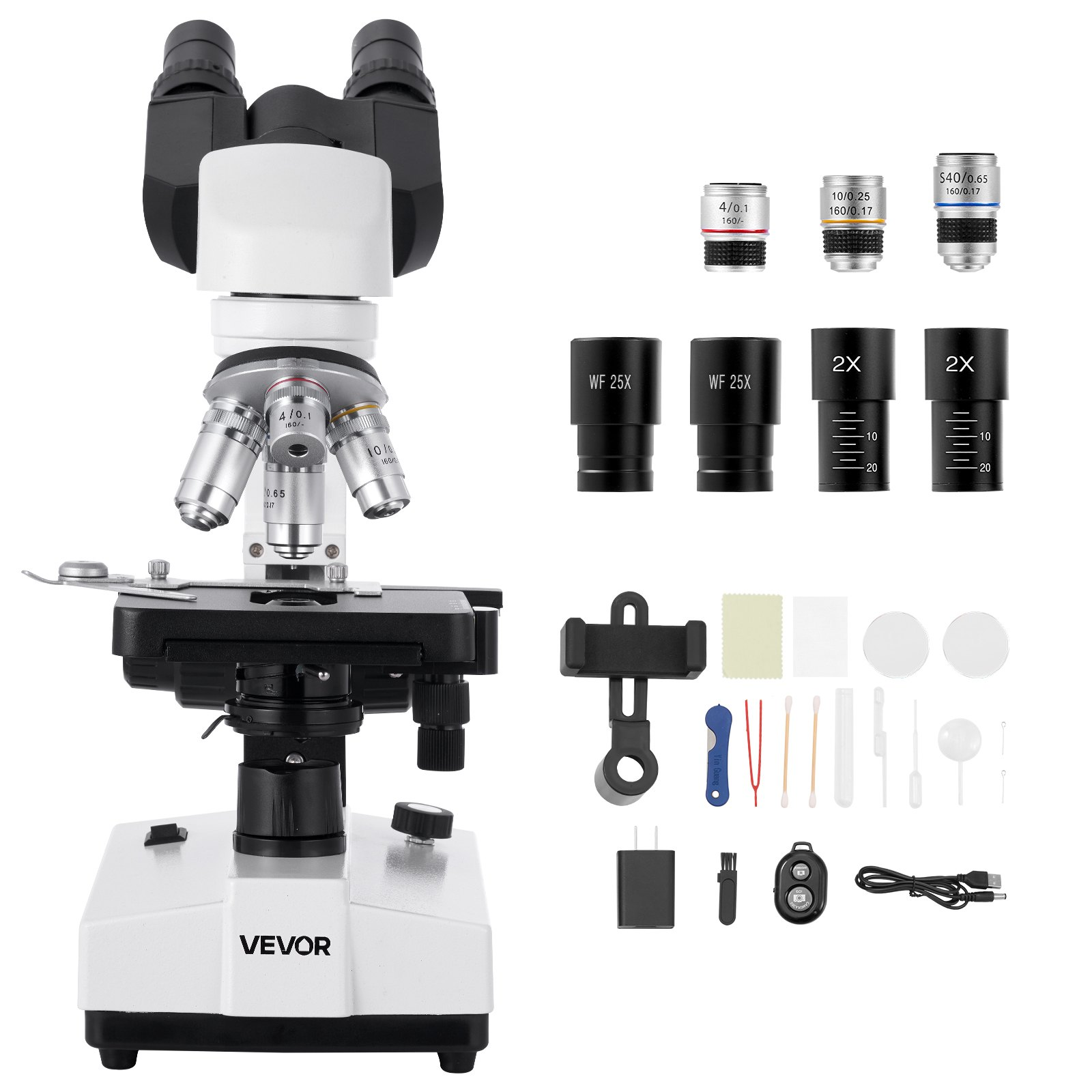 Start2Finish binocular compound microscope with 40-5000X magnification, dual stage, LED light, and phone holder for educational use.