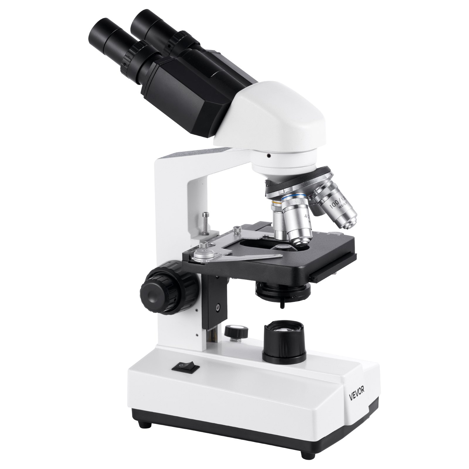 Start2Finish VEVOR binocular microscope with LED light, dual stage, two eyepieces, aluminum alloy body, for educational adult use.