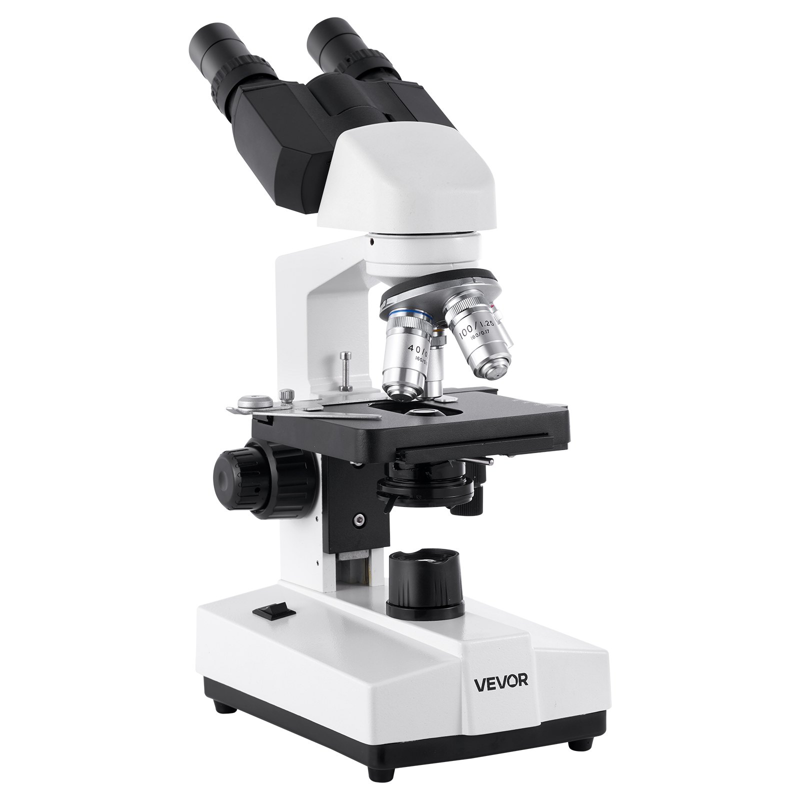Start2Finish VEVOR binocular microscope with 40-5000X magnification, aluminum body, LED light, dual stage, and phone holder for education.