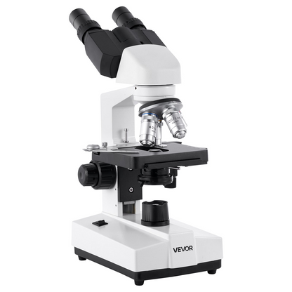 Start2Finish VEVOR binocular microscope with 40-5000X magnification, aluminum body, LED light, dual stage, and phone holder for education.