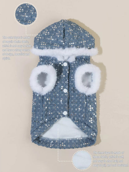 Sequin pet coat with fur trim by Pear Daisy, stylish and cozy for small dogs or cats, featuring shiny sequins and soft fur accents.