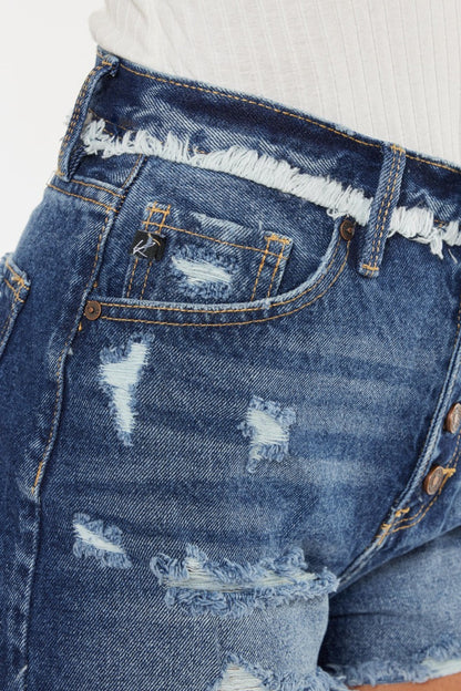 Jade Icarus Kancan distressed button fly denim shorts for women, showing frayed hem and distressed details on front.