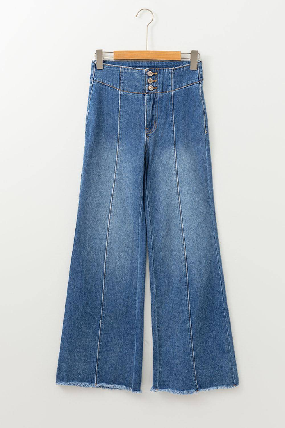 Carmine Juneberry Sail Blue high waist flare jeans with button fly, seamed details, and raw hem for a trendy denim look.