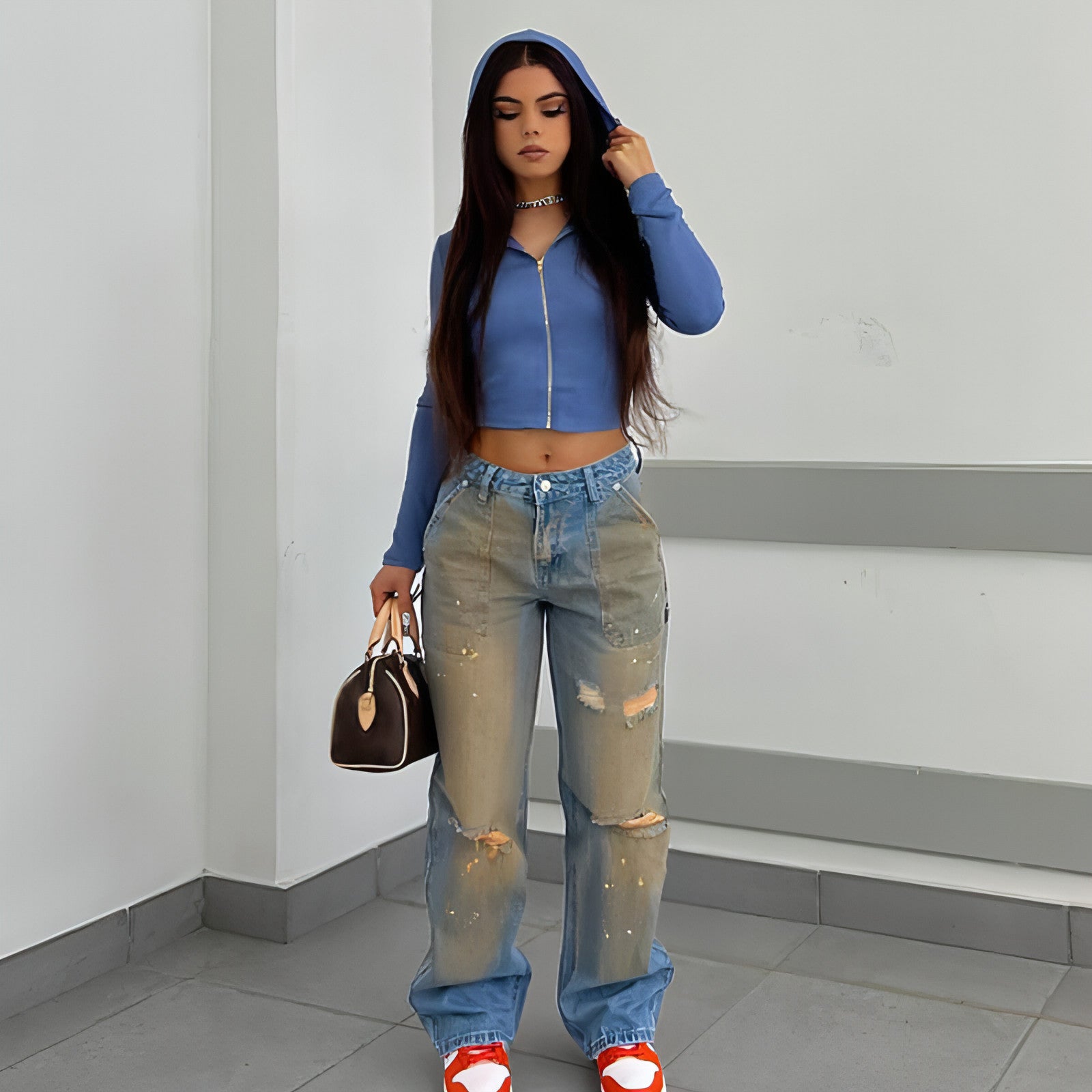Carmine Juneberry UrbanEase™ loose high waist street jeans with relaxed fit and classic denim style, shown hanging on a white background.