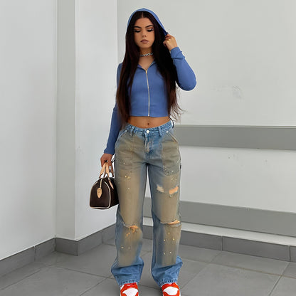 Carmine Juneberry UrbanEase™ loose high waist street jeans with relaxed fit and classic denim style, shown hanging on a white background.