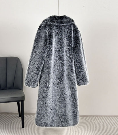 Carmine Juneberry Royal Faux Fur Maxi Coat 25 Edition, elegant black faux fur jacket with plush collar and long sleeves.