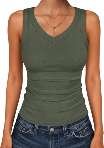 ANRABESS Tank Tops for Women V Neck Ribbed Knit Slim Fitted Sleeveless Basic Tee Tanks Casual Summer Clothes 2026