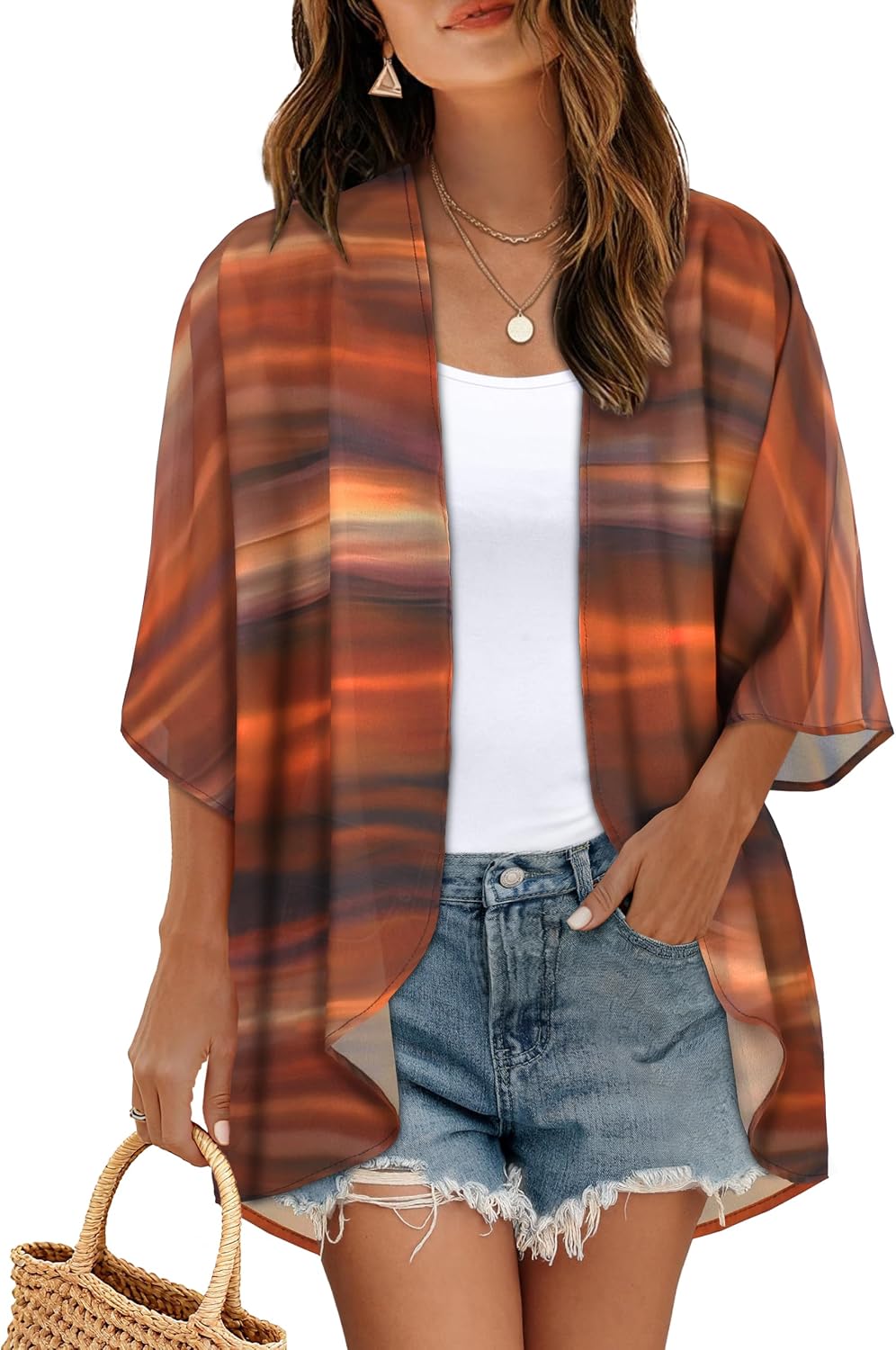 CHICGAL Womens Floral Kimono Cardigan Beach Cover Up Casual Summer Tops | 2026 Puff Sleeve Open Front Chiffon Outfit,Hawaiian Shirt,Beach Vacation Swimwear, Plus Top,Boho ladies Blouse,Cruise Resort