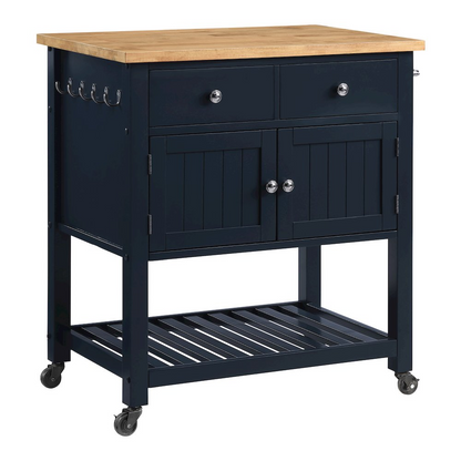Blue finish Stirling Kitchen Cart from Start2Finish featuring storage shelves and a sturdy wooden top for versatile kitchen use
