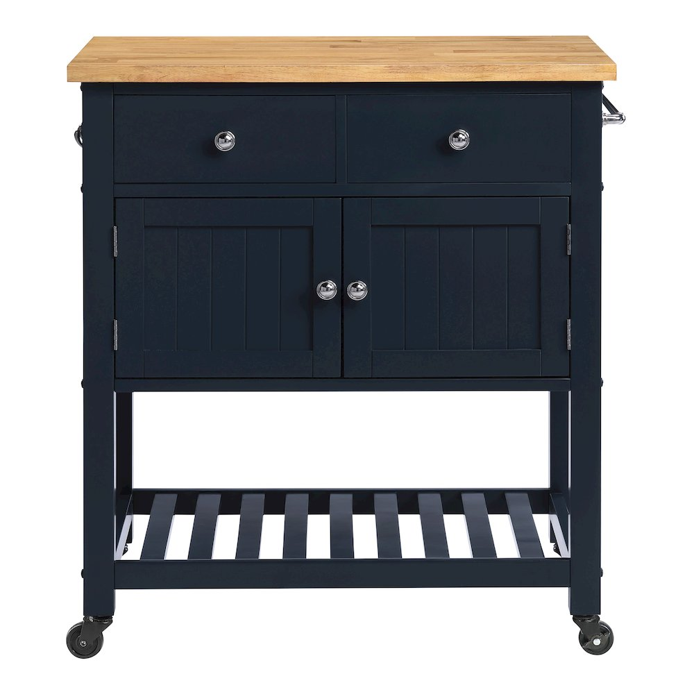 Start2Finish Stirling kitchen cart in blue finish with storage shelves and wheels, ideal for versatile kitchen organization.