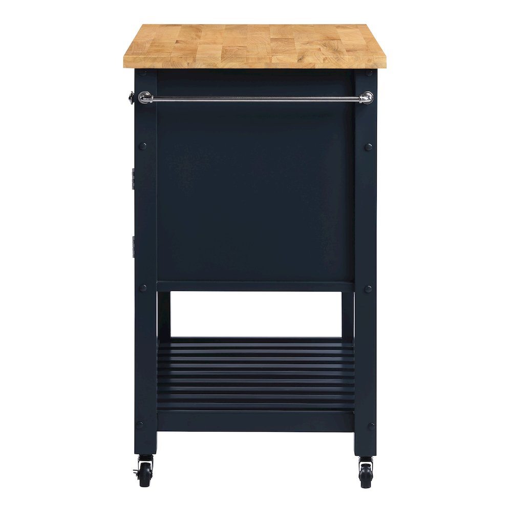 Start2Finish Stirling kitchen cart in blue finish with storage shelves and a sturdy wooden top, ideal for kitchen organization and prep.