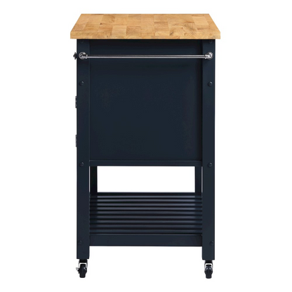 Start2Finish Stirling kitchen cart in blue finish with storage shelves and a sturdy wooden top, ideal for kitchen organization and prep.