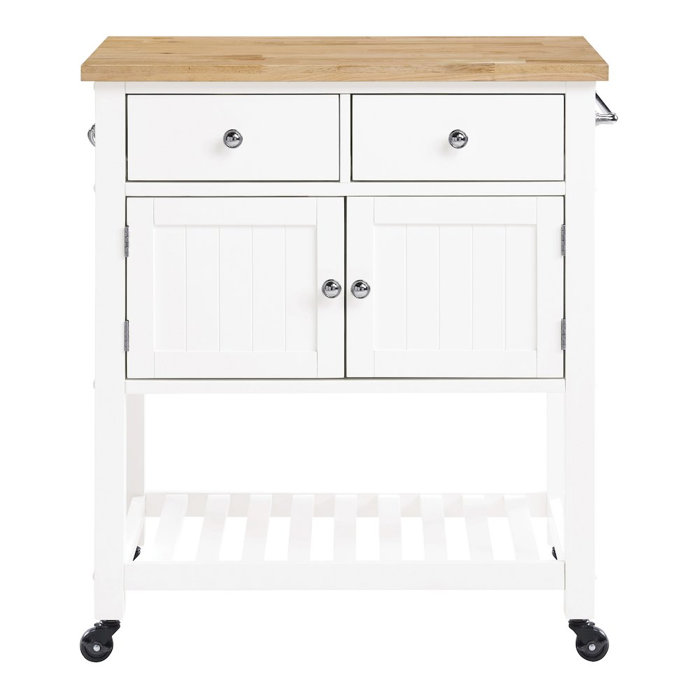 Start2Finish Stirling kitchen cart in white finish, featuring a versatile furniture piece with shelves and a sturdy top surface.