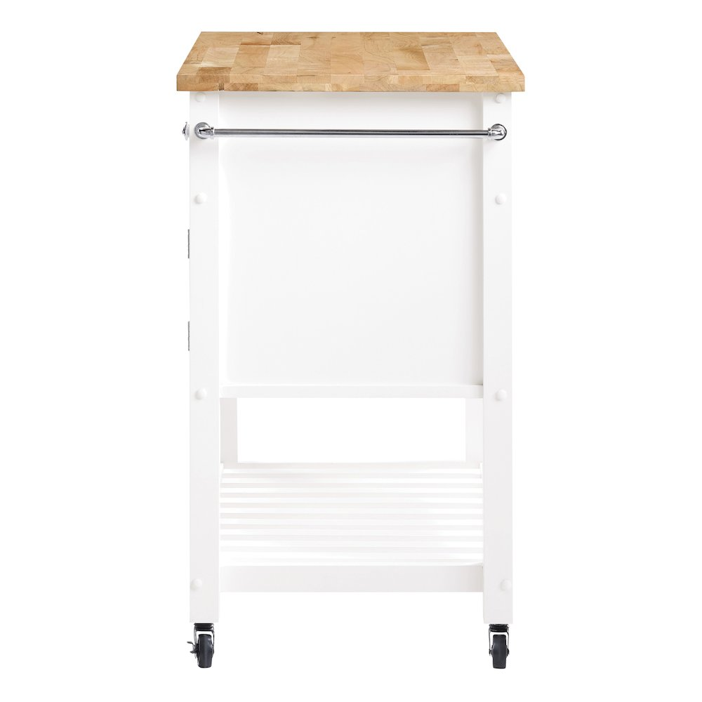 White Finish Stirling Kitchen Cart by Start2Finish, featuring sturdy shelves and a mobile design for versatile kitchen storage.