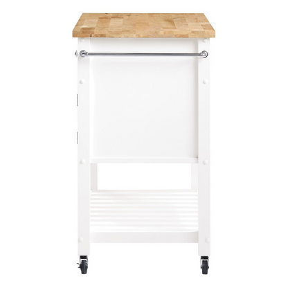 White Finish Stirling Kitchen Cart by Start2Finish, featuring sturdy shelves and a mobile design for versatile kitchen storage.