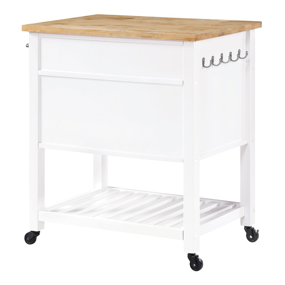 Start2Finish Stirling kitchen cart in white finish with storage shelves and a sturdy top for food prep and organization.