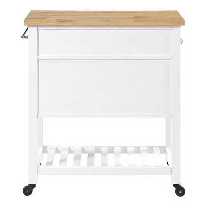 White Stirling Kitchen Cart by Start2Finish, featuring a sturdy wooden frame, storage shelves, and a convenient food prep surface.
