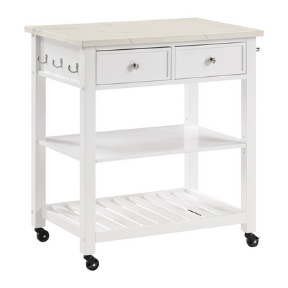 Start2Finish Litchfield kitchen cart with faux marble top, white finish, sturdy furniture with storage and workspace.