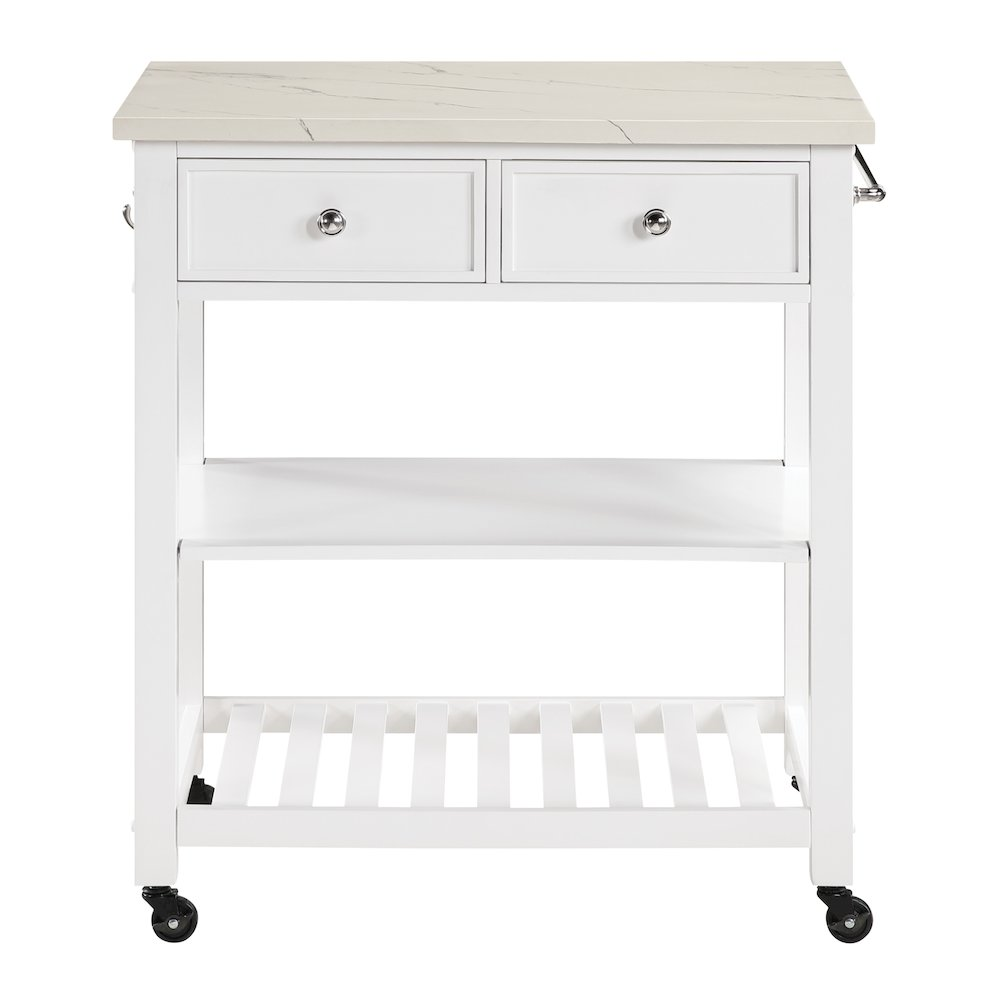 Start2Finish Litchfield Kitchen Cart with white faux marble top, featuring storage shelves and a sturdy wood frame.