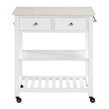 Start2Finish Litchfield Kitchen Cart with white faux marble top, featuring storage shelves and a sturdy wood frame.