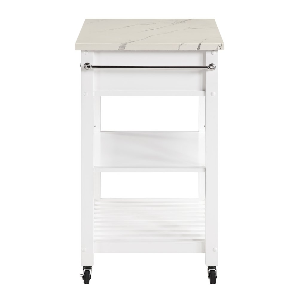 Start2Finish Litchfield Kitchen Cart with white faux marble top, wooden furniture with storage shelves and wheels.