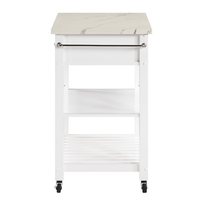 Start2Finish Litchfield Kitchen Cart with white faux marble top, wooden furniture with storage shelves and wheels.