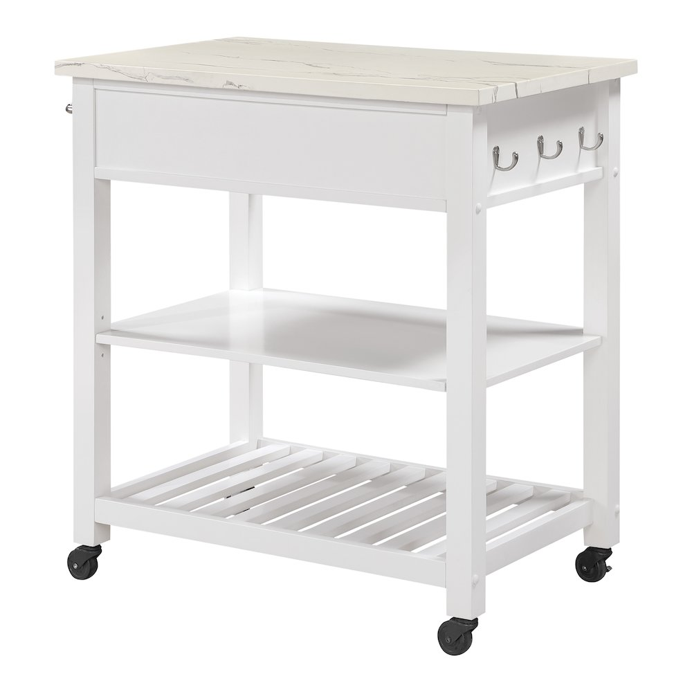 Start2Finish Litchfield kitchen cart with faux marble top in white finish, featuring storage shelves and a mobile design.