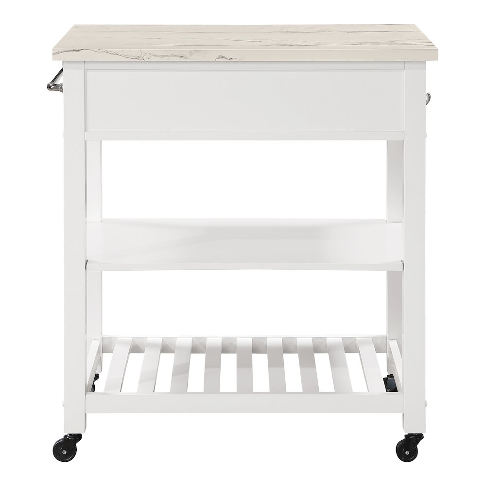 Start2Finish Litchfield kitchen cart with faux marble top in white finish, showcasing its sturdy wood frame and storage shelves.