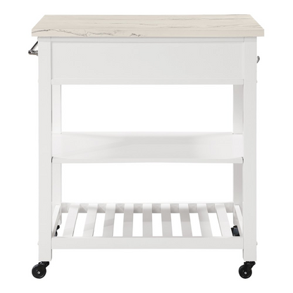 Start2Finish Litchfield kitchen cart with faux marble top in white finish, showcasing its sturdy wood frame and storage shelves.