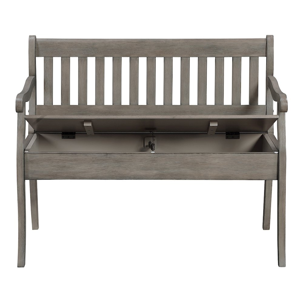 Wakefield entryway storage bench by Start2Finish with goldstone finish, featuring a cushioned seat and built-in storage compartments.