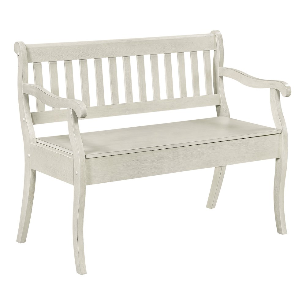 White Wakefield entryway storage bench by Start2Finish with cushioned seat and open shelf for shoes and accessories
