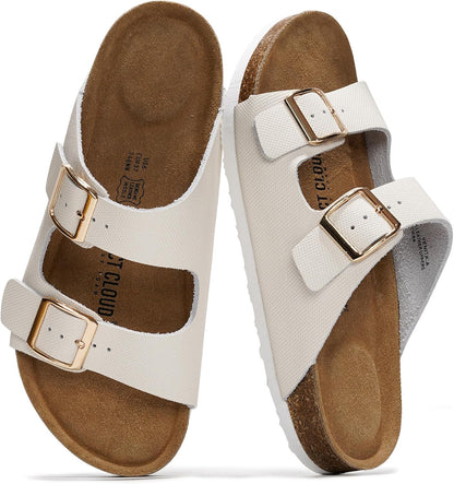Project Cloud 100% Genuine Leather Womens Sandals Slides for Women (Venita) | Cork Footbed Sandals for Women with Memory Foam and Arch Support Vacation Essentials Slides Women Footwear Flat Sandals