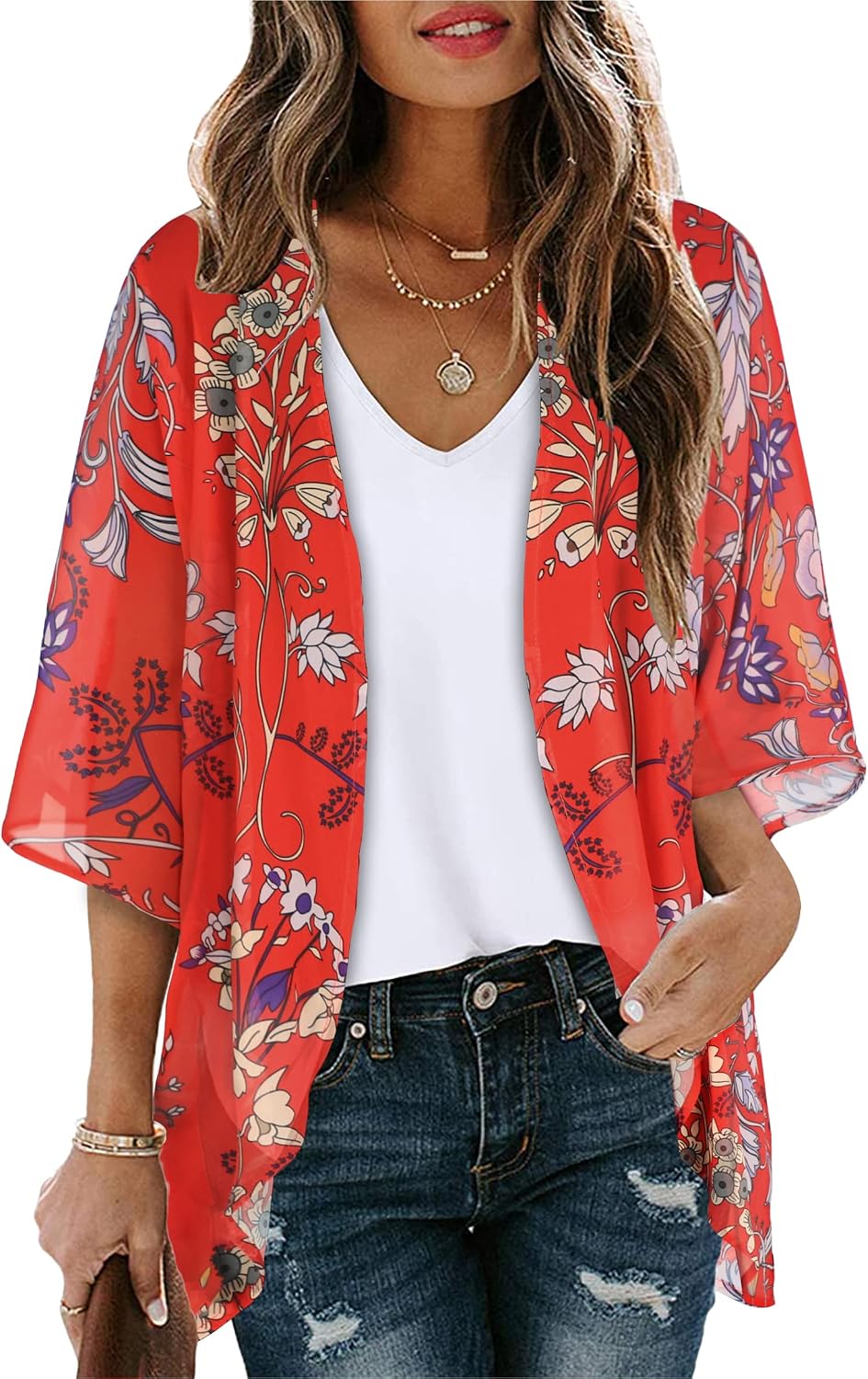 CHICGAL Womens Floral Kimono Cardigan Beach Cover Up Casual Summer Tops | 2026 Puff Sleeve Open Front Chiffon Outfit,Hawaiian Shirt,Beach Vacation Swimwear, Plus Top,Boho ladies Blouse,Cruise Resort