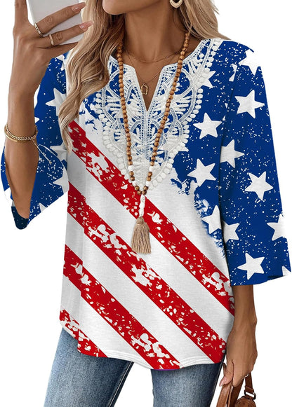 WIHOLL 3/4 Length Sleeve Womens Tops Boho V Neck Lace Shirt Trendy Blouses Dressy Casual Vacation Clothes S-3XL