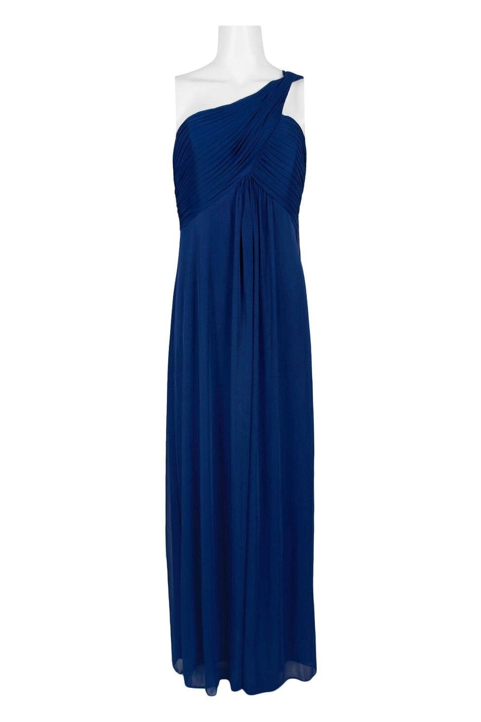 Electric blue one-shoulder Alex Evenings dress with pleated ruching and zipper back, made of jersey mesh for women&
