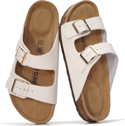 Project Cloud 100% Genuine Leather Womens Sandals Slides for Women (Venita) | Cork Footbed Sandals for Women with Memory Foam and Arch Support Vacation Essentials Slides Women Footwear Flat Sandals