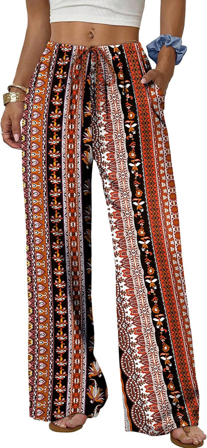 Sampeel Wide Leg Pants for Women Flowy Palazzo Drawstring Elastic Waist Trousers with Pockets Summer Beach Vacation Clothes