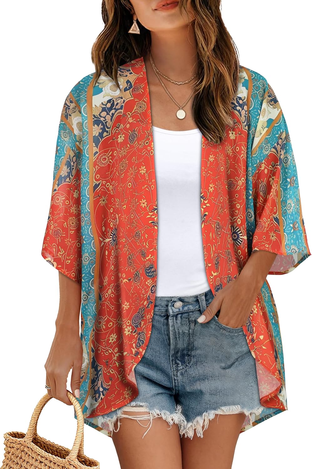 CHICGAL Womens Floral Kimono Cardigan Beach Cover Up Casual Summer Tops | 2026 Puff Sleeve Open Front Chiffon Outfit,Hawaiian Shirt,Beach Vacation Swimwear, Plus Top,Boho ladies Blouse,Cruise Resort