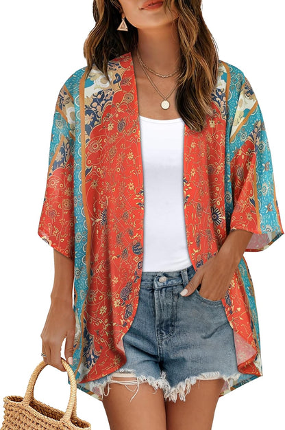 CHICGAL Womens Floral Kimono Cardigan Beach Cover Up Casual Summer Tops | 2026 Puff Sleeve Open Front Chiffon Outfit,Hawaiian Shirt,Beach Vacation Swimwear, Plus Top,Boho ladies Blouse,Cruise Resort