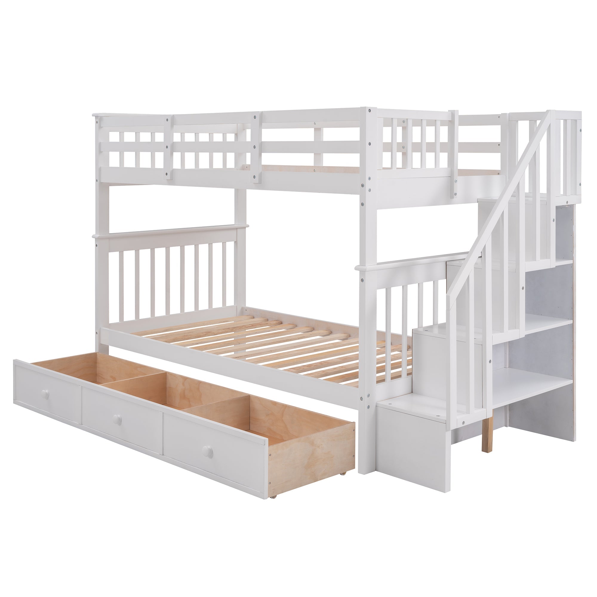Sangria Beech twin-over-twin bunk bed with three storage drawers, sturdy wooden furniture for bedroom or dorm use