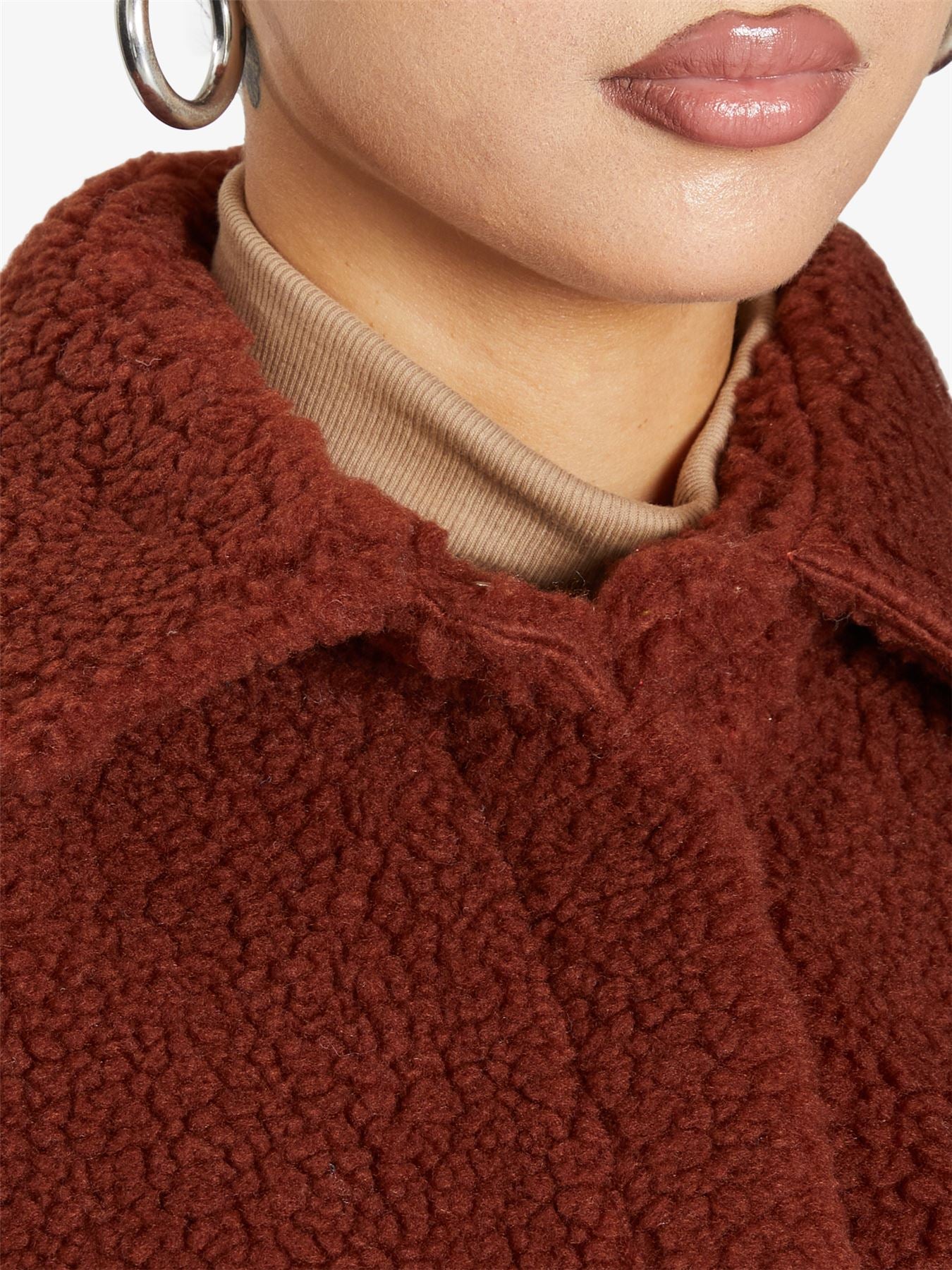 Rose Eleusis oversized patch pocket borg teddy shacket featuring a cozy, plush fabric and relaxed fit in a stylish jacket design.