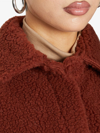 Rose Eleusis oversized patch pocket borg teddy shacket featuring a cozy, plush fabric and relaxed fit in a stylish jacket design.