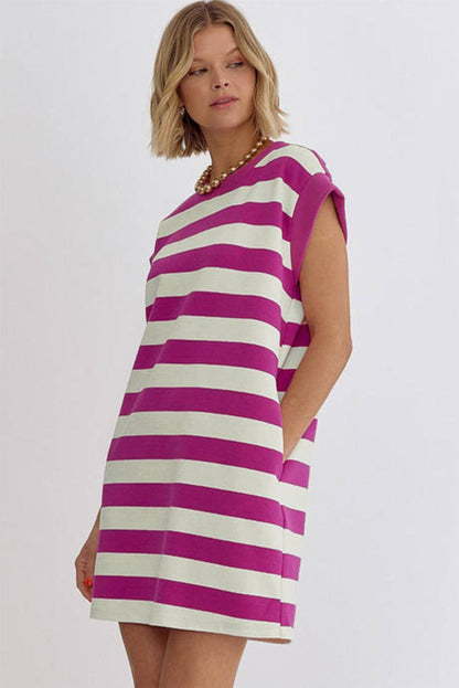 Carmine Juneberry rose stripe cap sleeve shift dress with pocket details, casual T-shirt style, knee-length, lightweight fabric.