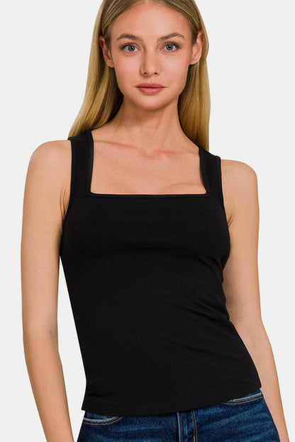 Jade Icarus Zenana square neck cropped tank top for women, shown in a close-up image highlighting the neckline and fabric details.
