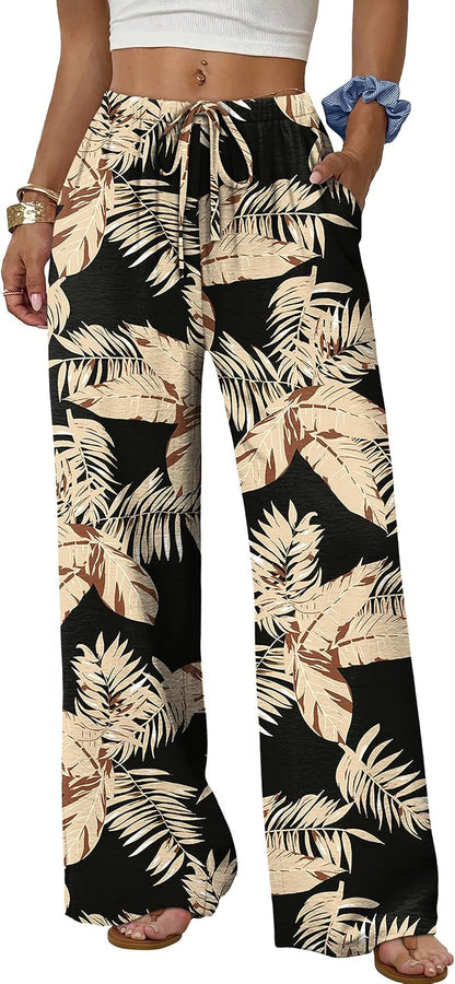 Sampeel Wide Leg Pants for Women Flowy Palazzo Drawstring Elastic Waist Trousers with Pockets Summer Beach Vacation Clothes