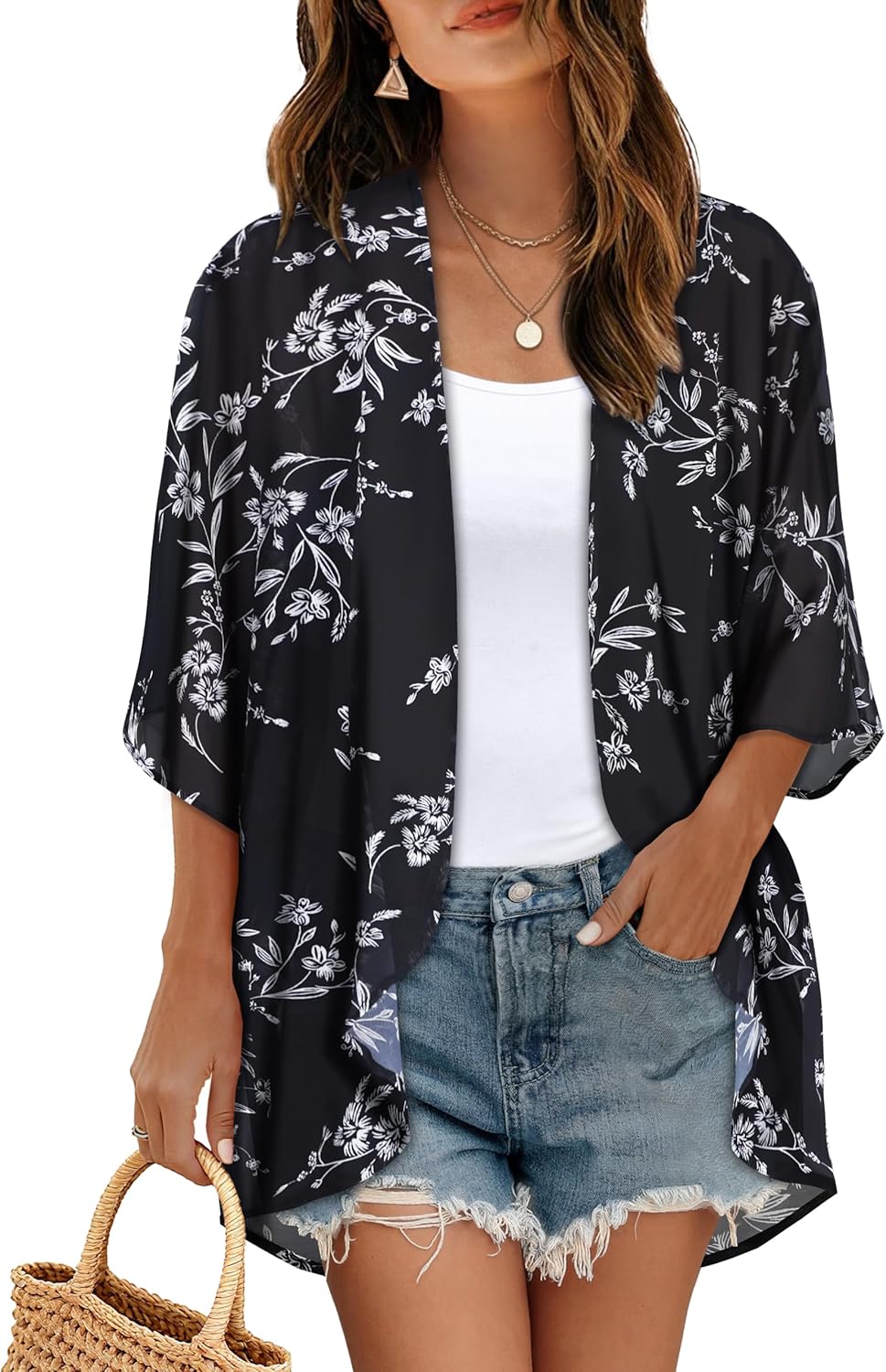 CHICGAL Womens Floral Kimono Cardigan Beach Cover Up Casual Summer Tops | 2026 Puff Sleeve Open Front Chiffon Outfit,Hawaiian Shirt,Beach Vacation Swimwear, Plus Top,Boho ladies Blouse,Cruise Resort