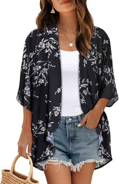 CHICGAL Womens Floral Kimono Cardigan Beach Cover Up Casual Summer Tops | 2026 Puff Sleeve Open Front Chiffon Outfit,Hawaiian Shirt,Beach Vacation Swimwear, Plus Top,Boho ladies Blouse,Cruise Resort