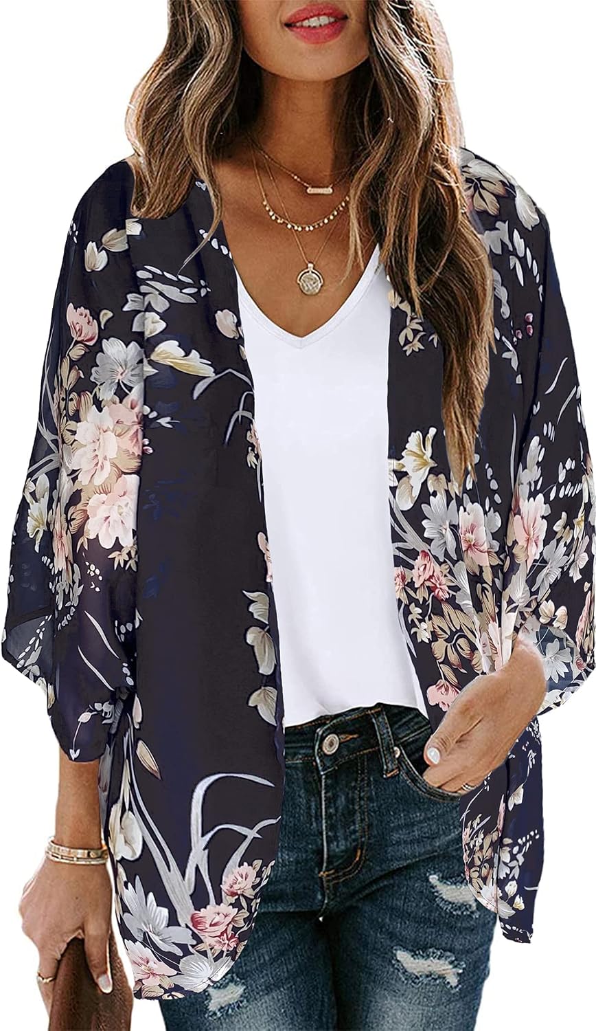 CHICGAL Womens Floral Kimono Cardigan Beach Cover Up Casual Summer Tops | 2026 Puff Sleeve Open Front Chiffon Outfit,Hawaiian Shirt,Beach Vacation Swimwear, Plus Top,Boho ladies Blouse,Cruise Resort